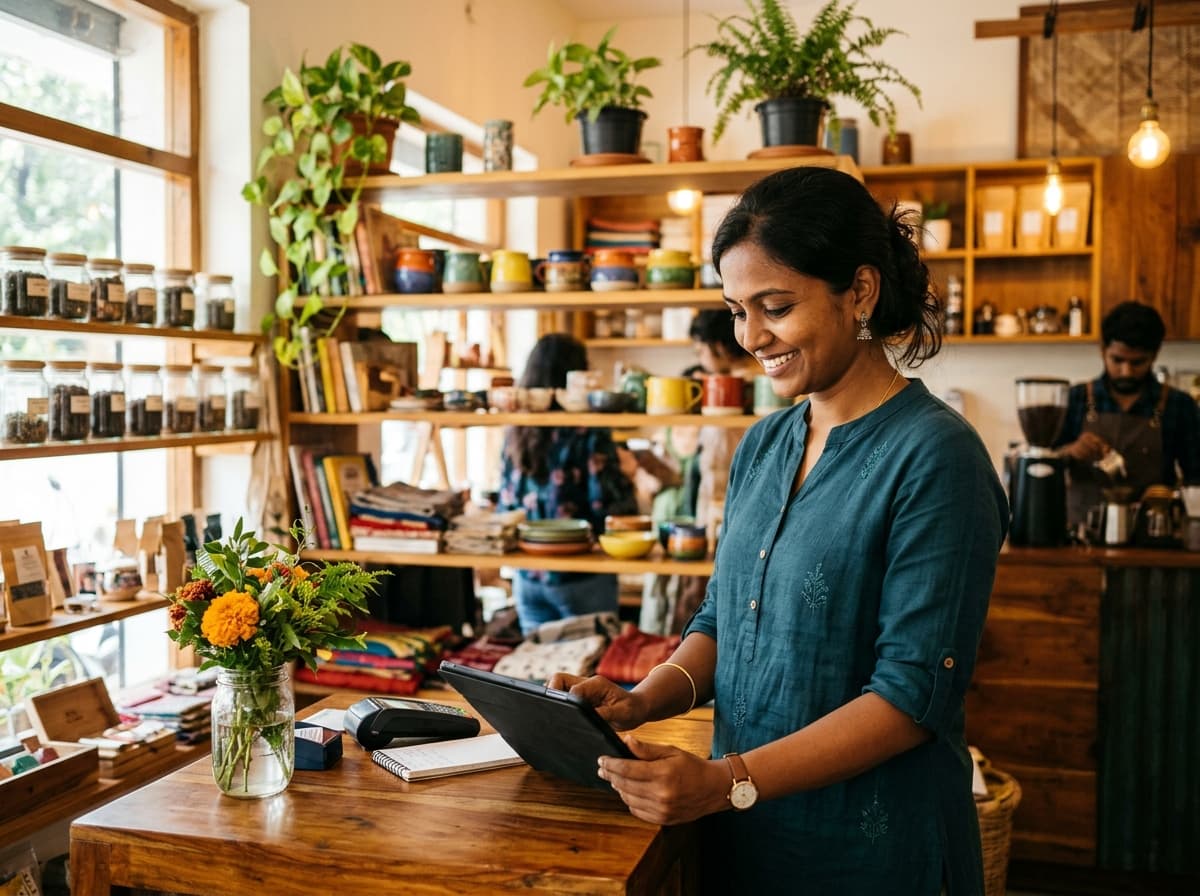 Friendly Indian business owner at modern retail cafe with customer tablet counter